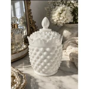 Milk Glass Hobnail Lidded Jar Candy Dish White Vintage Style Trinket Bowl